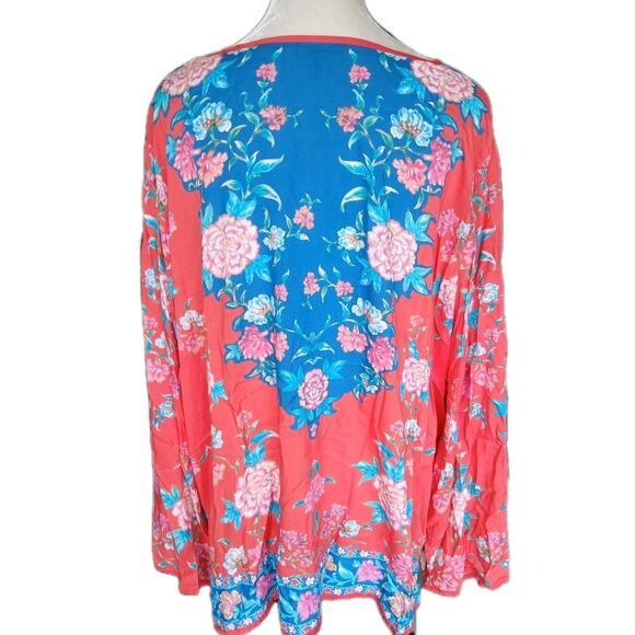 Tolani Plus Sz 3X Orange Teal Tropical Print Rayon LS Casual Tunic Blouse Top - Picture 2 of 5